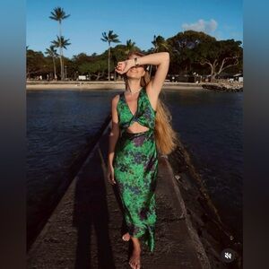 Zara maxi floral satin dress wedding evening party Floral Green Cutout Dress